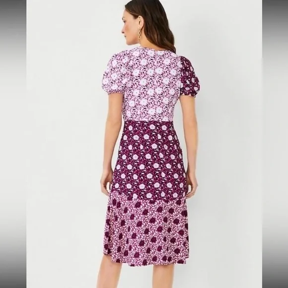 Ann Taylor Mixed Floral Wrap Midi Dress Black Pink Size 2 Petite - Picture 4 of 9